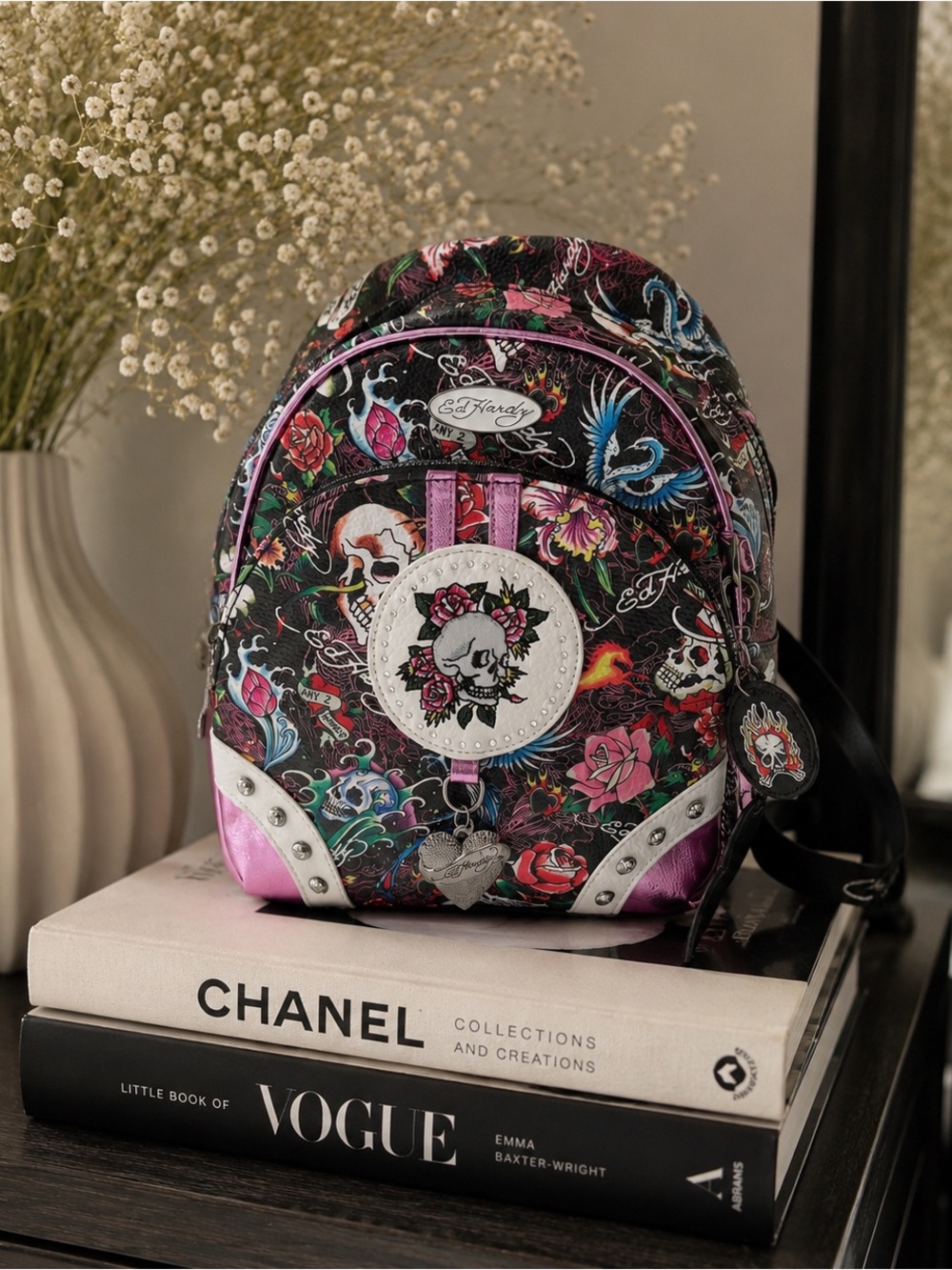 NWT Ed Hardy Mini Backpack Skull Rose Tattoo Print Pink Black Y2K Goth
